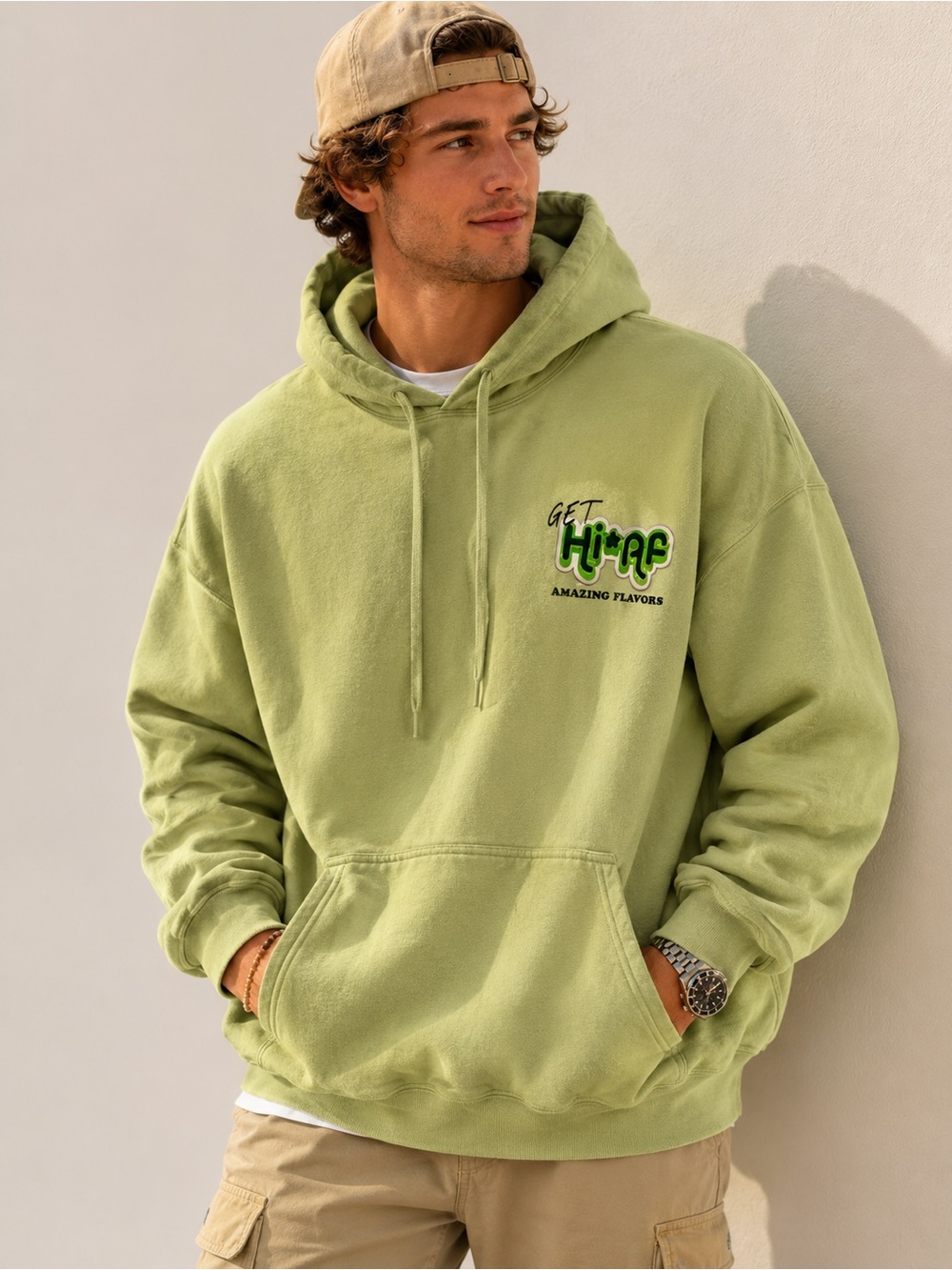 Gildan Light Olive Green Graphic Pullover Hoodie